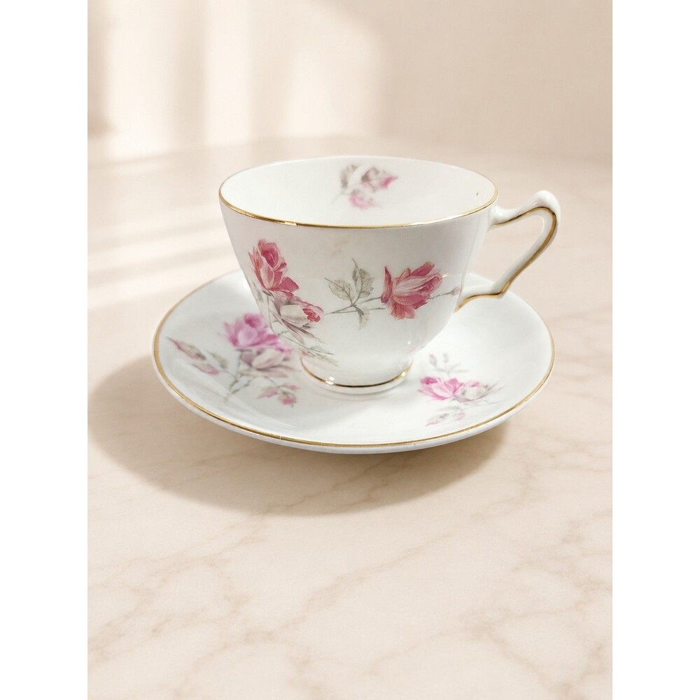 Vintage Crown Staffordshire England Pink Rose Fine Bone China Teacup & Saucer...